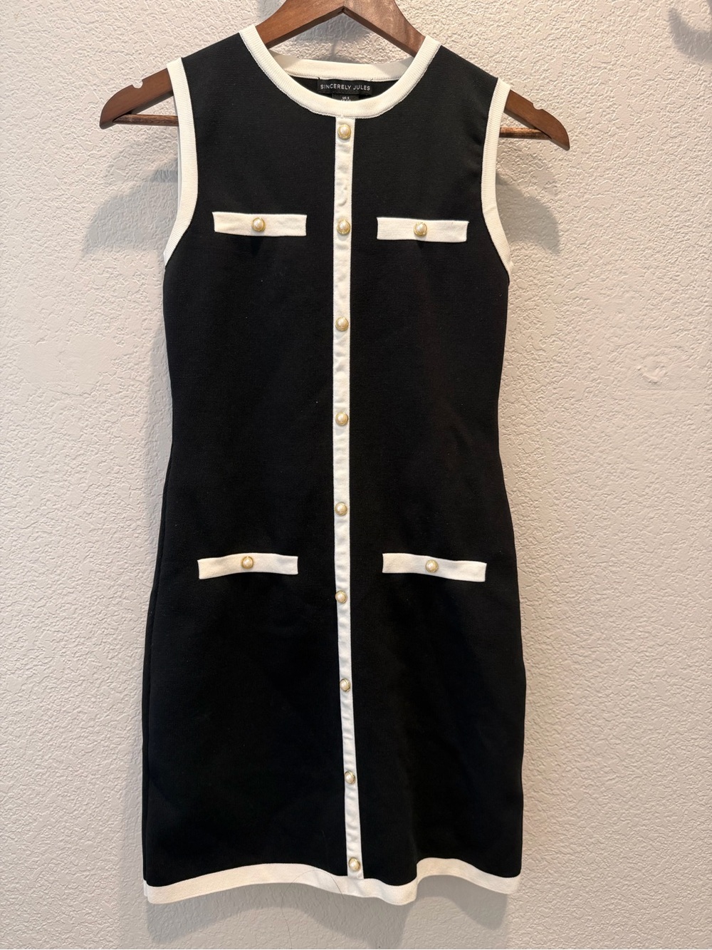 Sincerly Jules Black Dress with White Trim and Gold Buttons
